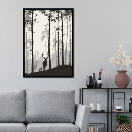 Plakat w ramie Rodziny jeleni i ptaków w lesie sosnowym