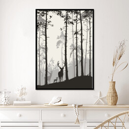 Plakat w ramie Rodziny jeleni i ptaków w lesie sosnowym
