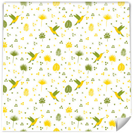 Tapeta samoprzylepna w rolce Zielono żółte ptaki, liście i geometryczne kształty