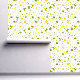 Tapeta samoprzylepna w rolce Zielono żółte ptaki, liście i geometryczne kształty