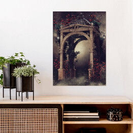 Plakat samoprzylepny Drewniana altana z różami i lampami nocą