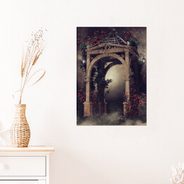 Plakat Drewniana altana z różami i lampami nocą