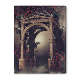 Obraz na płótnie Drewniana altana z różami i lampami nocą