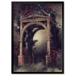 Plakat w ramie Drewniana altana z różami i lampami nocą