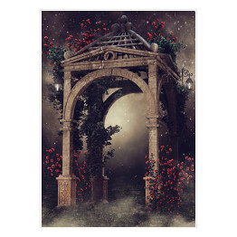 Plakat Drewniana altana z różami i lampami nocą
