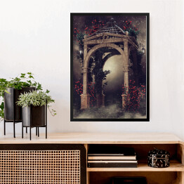 Obraz w ramie Drewniana altana z różami i lampami nocą