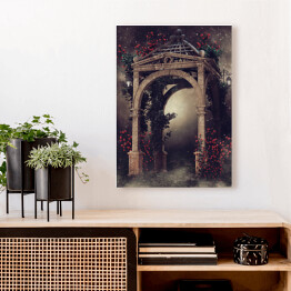 Obraz na płótnie Drewniana altana z różami i lampami nocą