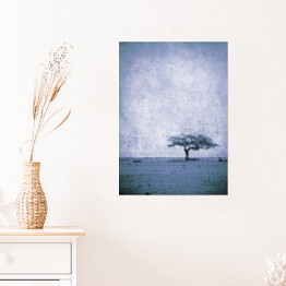 Plakat samoprzylepny Ilustracja - samotne drzewo na łące na błękitnym tle