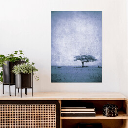 Plakat Ilustracja - samotne drzewo na łące na błękitnym tle
