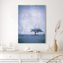 Obraz na płótnie Ilustracja - samotne drzewo na łące na błękitnym tle