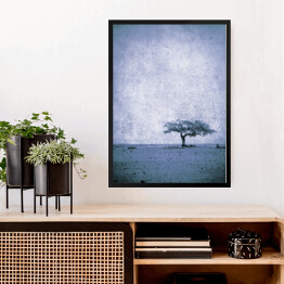 Obraz w ramie Ilustracja - samotne drzewo na łące na błękitnym tle