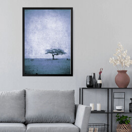 Obraz w ramie Ilustracja - samotne drzewo na łące na błękitnym tle