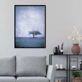 Plakat w ramie Ilustracja - samotne drzewo na łące na błękitnym tle