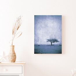 Obraz na płótnie Ilustracja - samotne drzewo na łące na błękitnym tle