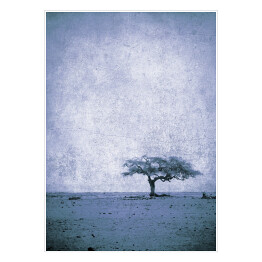 Plakat samoprzylepny Ilustracja - samotne drzewo na łące na błękitnym tle