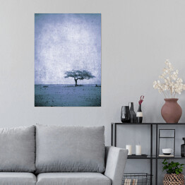 Plakat Ilustracja - samotne drzewo na łące na błękitnym tle
