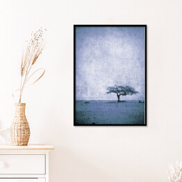 Plakat w ramie Ilustracja - samotne drzewo na łące na błękitnym tle