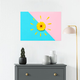 Plakat samoprzylepny Żółty kwiat na niebiesko różowym tle