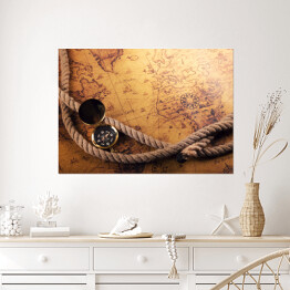 Plakat Kompas i liny na mapie starego świata
