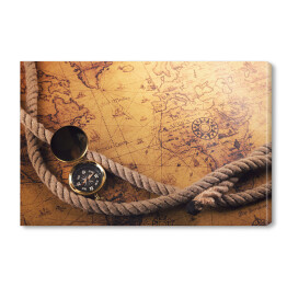 Obraz na płótnie Kompas i liny na mapie starego świata
