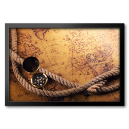 Obraz w ramie Kompas i liny na mapie starego świata