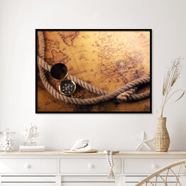 Plakat w ramie Kompas i liny na mapie starego świata