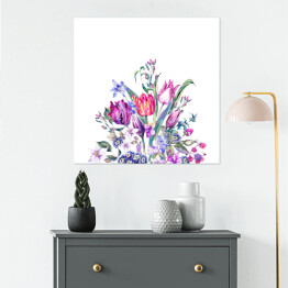 Plakat samoprzylepny Bukiet z fioletowych tulipanów w stylu vintage