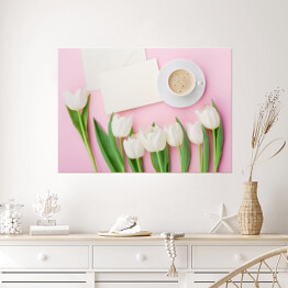 Plakat Kawy kubek, papierowa karta i wiosenny tulipan