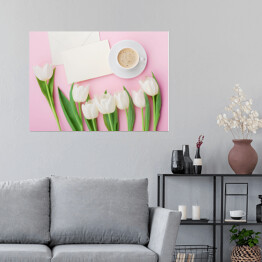 Plakat Kawy kubek, papierowa karta i wiosenny tulipan