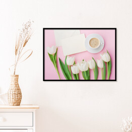 Plakat w ramie Kawy kubek, papierowa karta i wiosenny tulipan