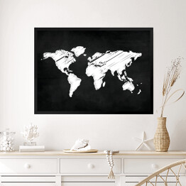 Obraz w ramie Mapa świata malowana kredą na czarnym tle