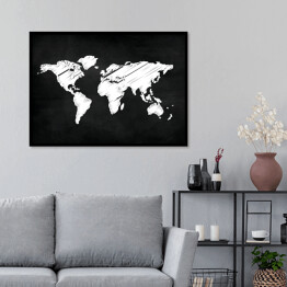 Plakat w ramie Mapa świata malowana kredą na czarnym tle