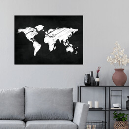 Plakat samoprzylepny Mapa świata malowana kredą na czarnym tle