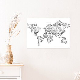 Plakat samoprzylepny Mapa świata na białym tle - czarne słowa "cześć" w różnych językach