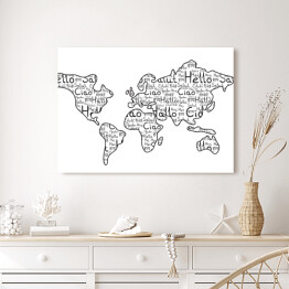 Obraz na płótnie Mapa świata na białym tle - czarne słowa "cześć" w różnych językach