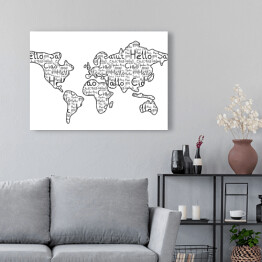 Obraz na płótnie Mapa świata na białym tle - czarne słowa "cześć" w różnych językach
