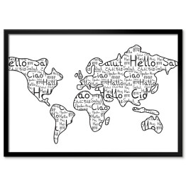 Plakat w ramie Mapa świata na białym tle - czarne słowa "cześć" w różnych językach