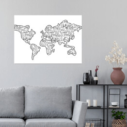 Plakat samoprzylepny Mapa świata na białym tle - czarne słowa "cześć" w różnych językach