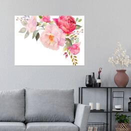 Akwarela - kompozycja z różowych i czerwonych kwiatów