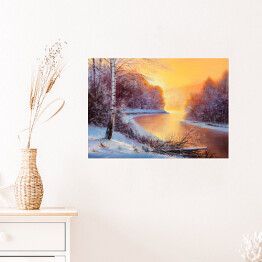 Plakat Las zimą o zachodzie słońca