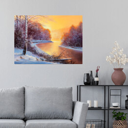 Plakat samoprzylepny Las zimą o zachodzie słońca
