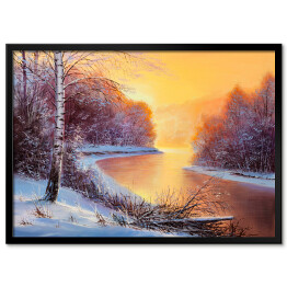 Plakat w ramie Las zimą o zachodzie słońca