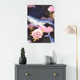 Plakat Wieloryby na różowych chmurach wśród kwiatów