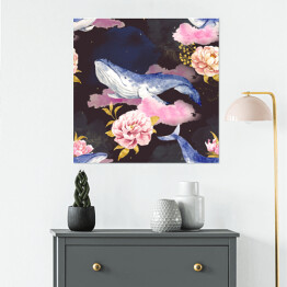 Plakat samoprzylepny Wieloryby na różowych chmurach wśród kwiatów