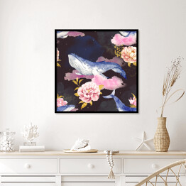 Plakat w ramie Wieloryby na różowych chmurach wśród kwiatów