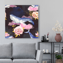 Obraz na płótnie Wieloryby na różowych chmurach wśród kwiatów