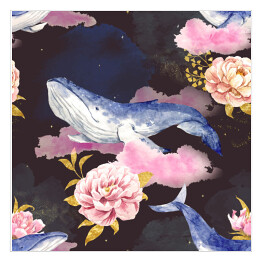 Plakat samoprzylepny Wieloryby na różowych chmurach wśród kwiatów