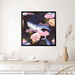 Obraz w ramie Wieloryby na różowych chmurach wśród kwiatów
