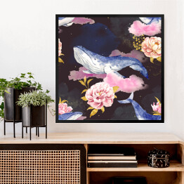 Obraz w ramie Wieloryby na różowych chmurach wśród kwiatów