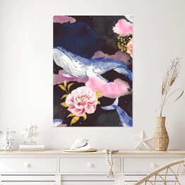 Plakat Wieloryby na różowych chmurach wśród kwiatów